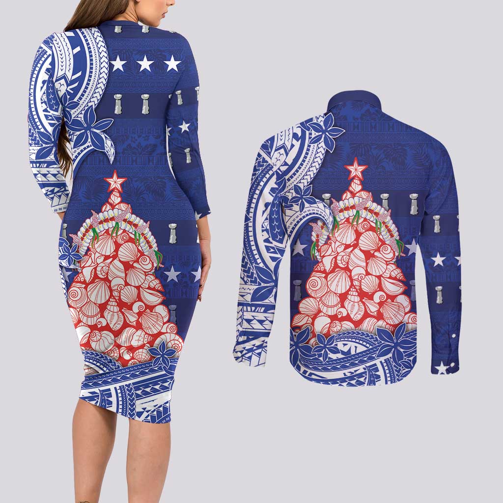 Northern Mariana Islands Christmas Couples Matching Long Sleeve Bodycon Dress and Long Sleeve Button Shirt Seashell Xmas Tree Tribal Waves - Polynesian Pride