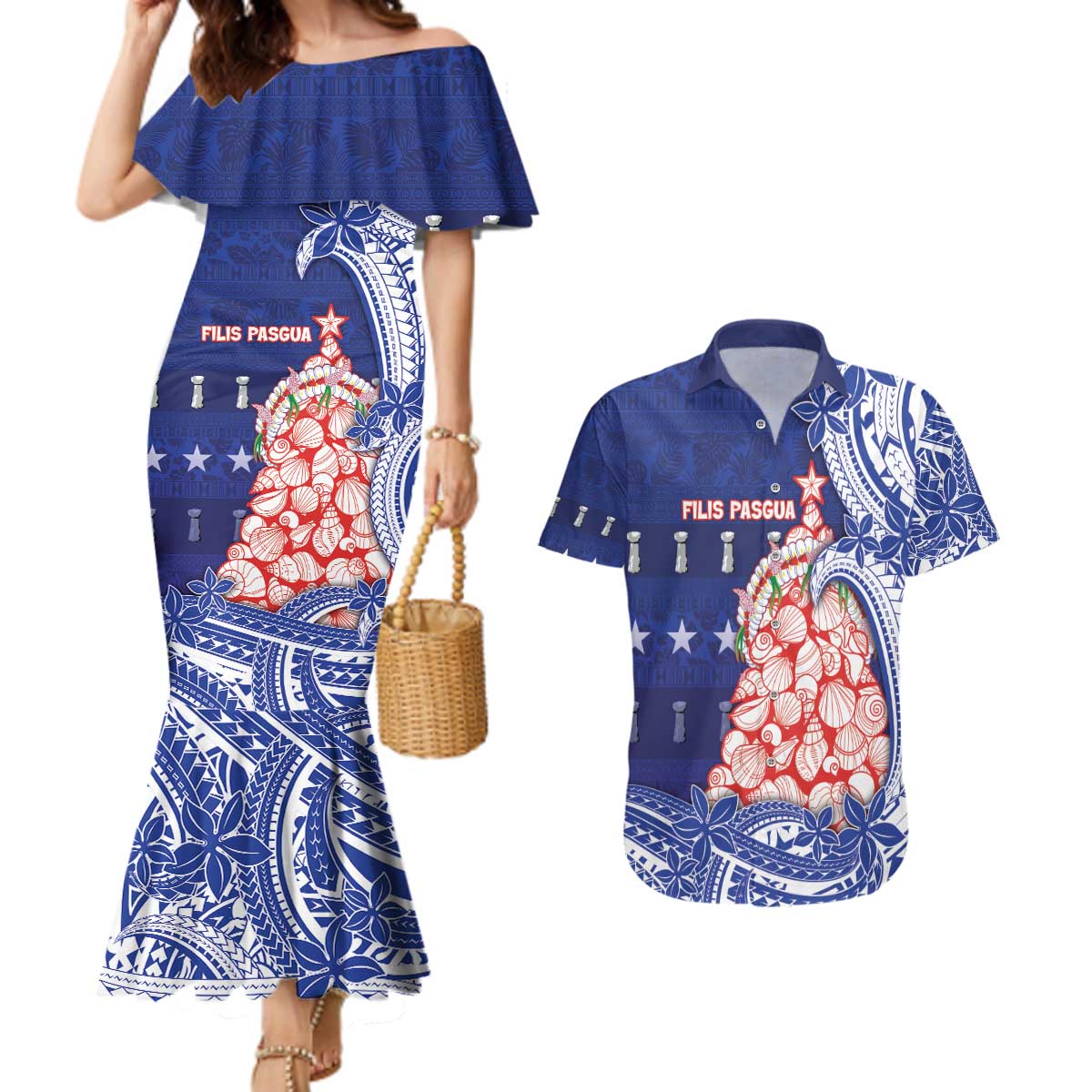 Northern Mariana Islands Christmas Couples Matching Mermaid Dress and Hawaiian Shirt Seashell Xmas Tree Tribal Waves - Polynesian Pride