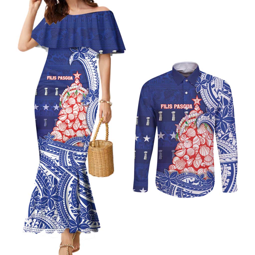 Northern Mariana Islands Christmas Couples Matching Mermaid Dress and Long Sleeve Button Shirt Seashell Xmas Tree Tribal Waves - Polynesian Pride