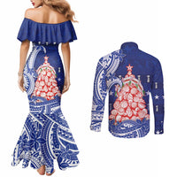 Northern Mariana Islands Christmas Couples Matching Mermaid Dress and Long Sleeve Button Shirt Seashell Xmas Tree Tribal Waves - Polynesian Pride
