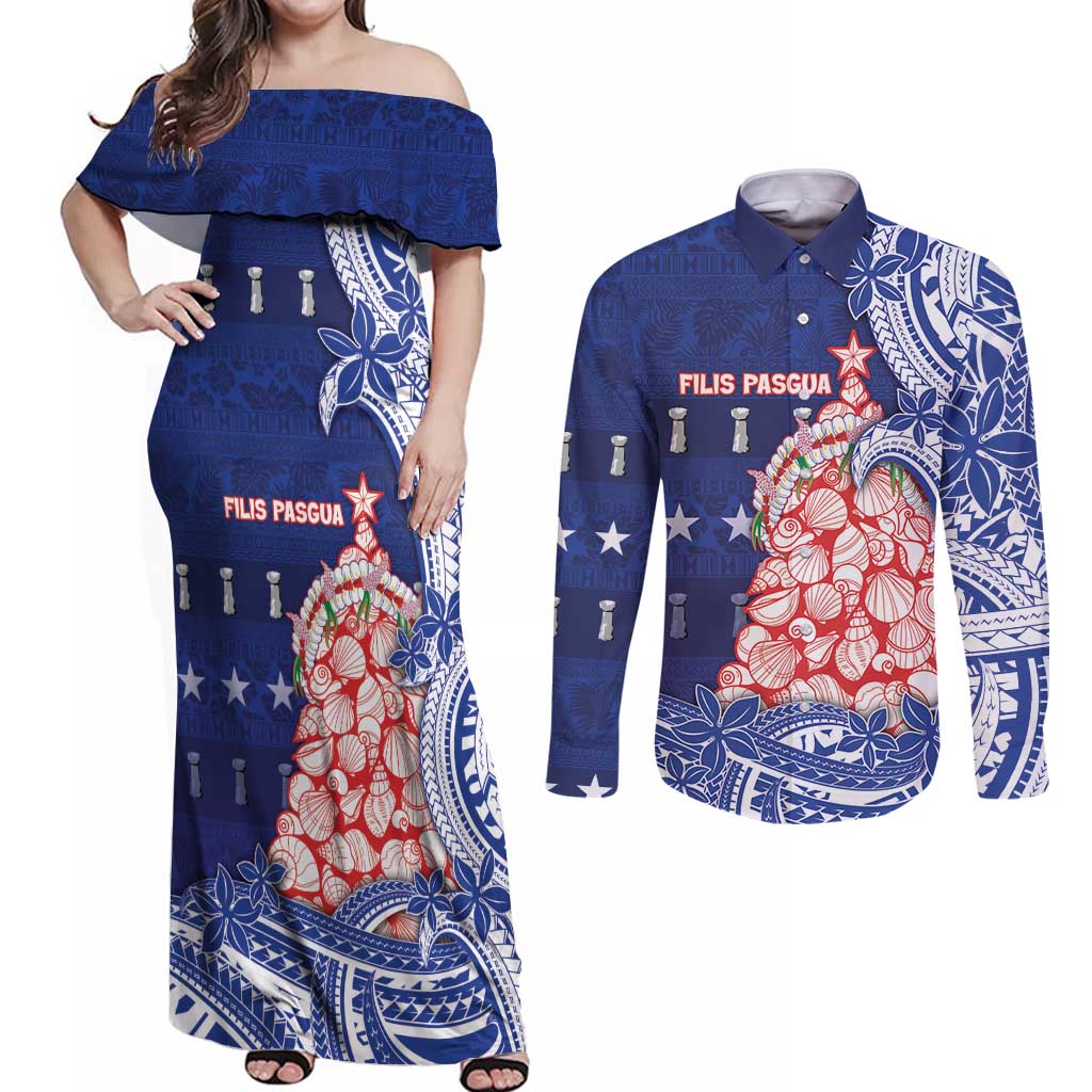 Northern Mariana Islands Christmas Couples Matching Off Shoulder Maxi Dress and Long Sleeve Button Shirt Seashell Xmas Tree Tribal Waves - Polynesian Pride