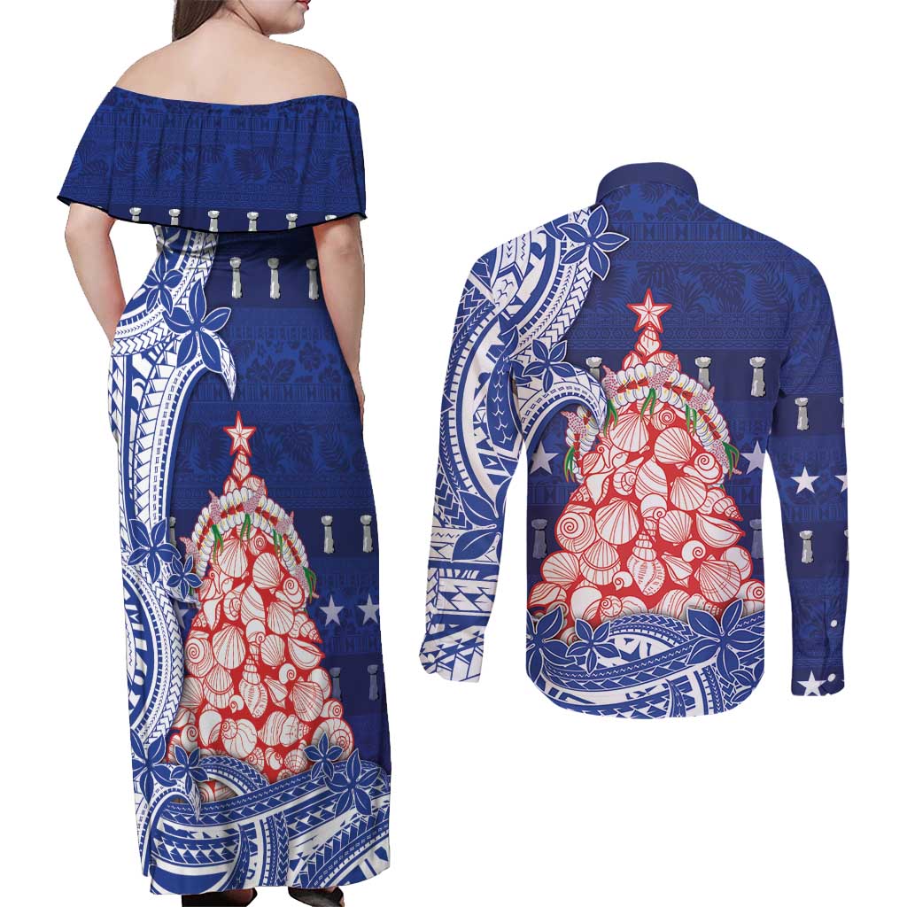 Northern Mariana Islands Christmas Couples Matching Off Shoulder Maxi Dress and Long Sleeve Button Shirt Seashell Xmas Tree Tribal Waves - Polynesian Pride