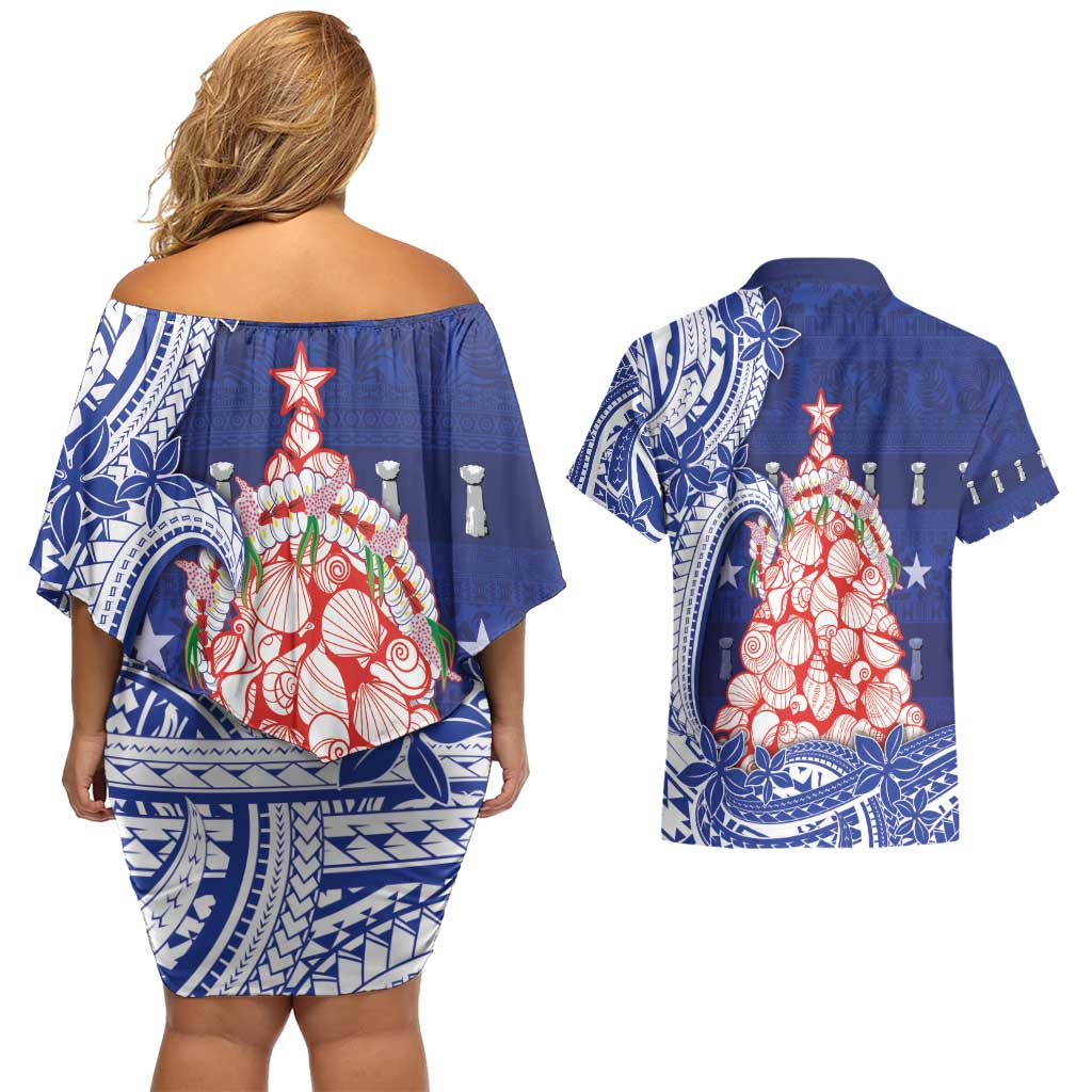 Northern Mariana Islands Christmas Couples Matching Off Shoulder Short Dress and Hawaiian Shirt Seashell Xmas Tree Tribal Waves - Polynesian Pride