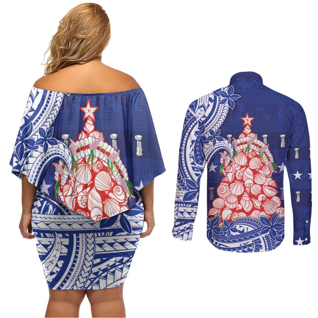 Northern Mariana Islands Christmas Couples Matching Off Shoulder Short Dress and Long Sleeve Button Shirt Seashell Xmas Tree Tribal Waves - Polynesian Pride