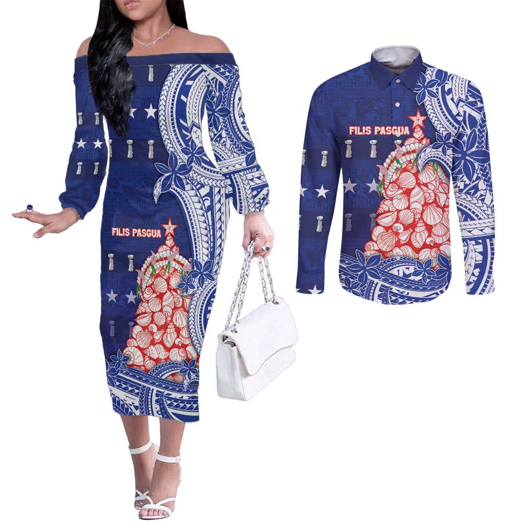 Northern Mariana Islands Christmas Couples Matching Off The Shoulder Long Sleeve Dress and Long Sleeve Button Shirt Seashell Xmas Tree Tribal Waves - Polynesian Pride