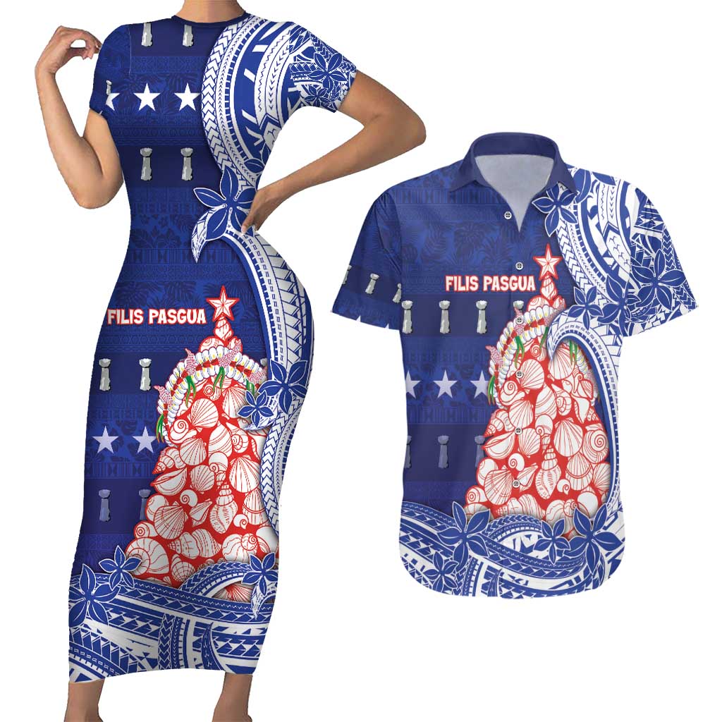 Northern Mariana Islands Christmas Couples Matching Short Sleeve Bodycon Dress and Hawaiian Shirt Seashell Xmas Tree Tribal Waves - Polynesian Pride