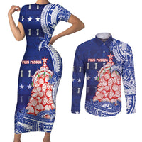 Northern Mariana Islands Christmas Couples Matching Short Sleeve Bodycon Dress and Long Sleeve Button Shirt Seashell Xmas Tree Tribal Waves - Polynesian Pride