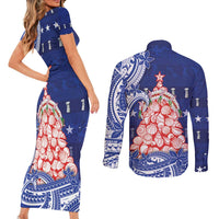 Northern Mariana Islands Christmas Couples Matching Short Sleeve Bodycon Dress and Long Sleeve Button Shirt Seashell Xmas Tree Tribal Waves - Polynesian Pride