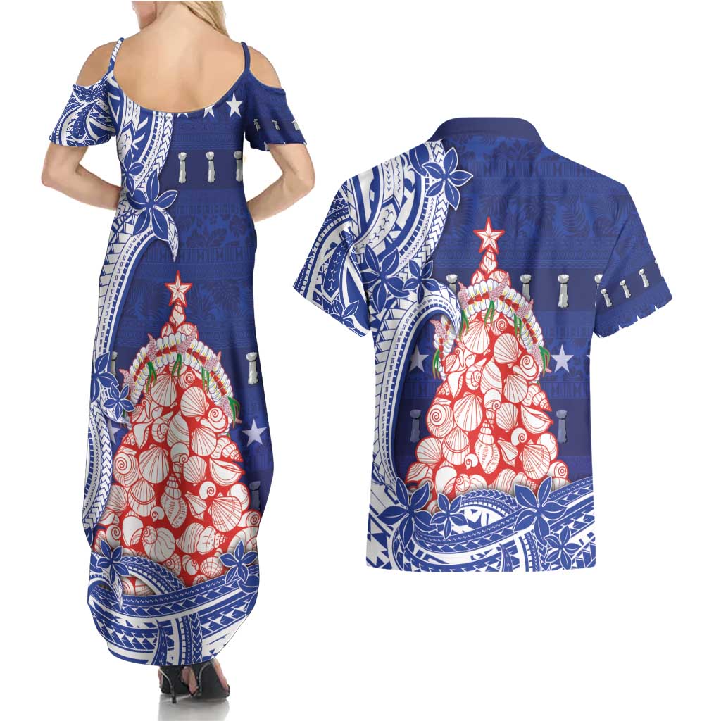 Northern Mariana Islands Christmas Couples Matching Summer Maxi Dress and Hawaiian Shirt Seashell Xmas Tree Tribal Waves - Polynesian Pride