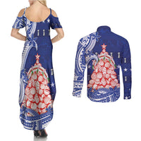 Northern Mariana Islands Christmas Couples Matching Summer Maxi Dress and Long Sleeve Button Shirt Seashell Xmas Tree Tribal Waves - Polynesian Pride