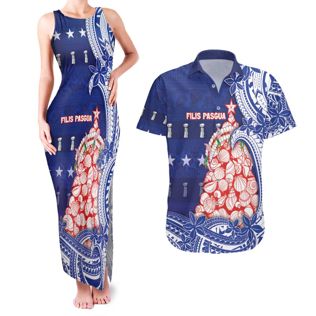 Northern Mariana Islands Christmas Couples Matching Tank Maxi Dress and Hawaiian Shirt Seashell Xmas Tree Tribal Waves - Polynesian Pride