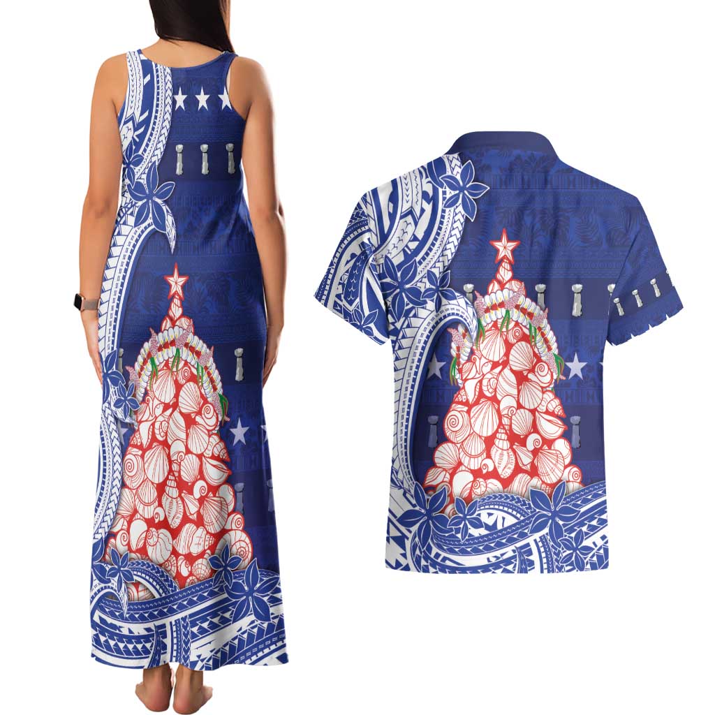 Northern Mariana Islands Christmas Couples Matching Tank Maxi Dress and Hawaiian Shirt Seashell Xmas Tree Tribal Waves - Polynesian Pride