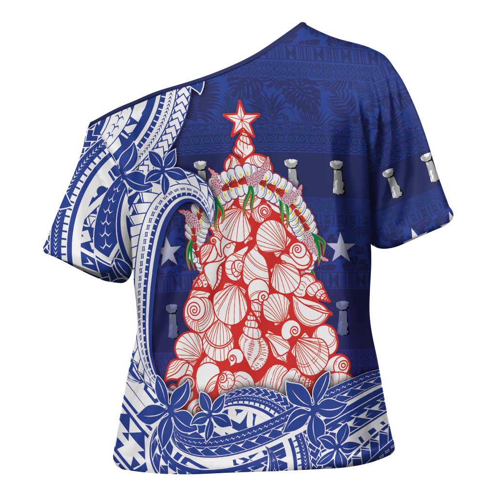 Northern Mariana Islands Christmas Cross Shoulder Shirt Seashell Xmas Tree Tribal Waves - Polynesian Pride