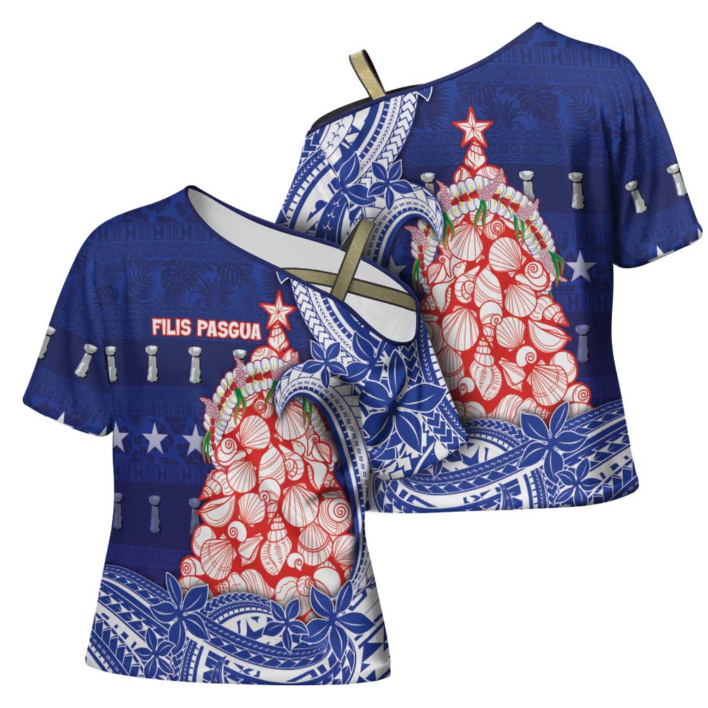 Northern Mariana Islands Christmas Cross Shoulder Shirt Seashell Xmas Tree Tribal Waves - Polynesian Pride