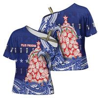 Northern Mariana Islands Christmas Cross Shoulder Shirt Seashell Xmas Tree Tribal Waves - Polynesian Pride