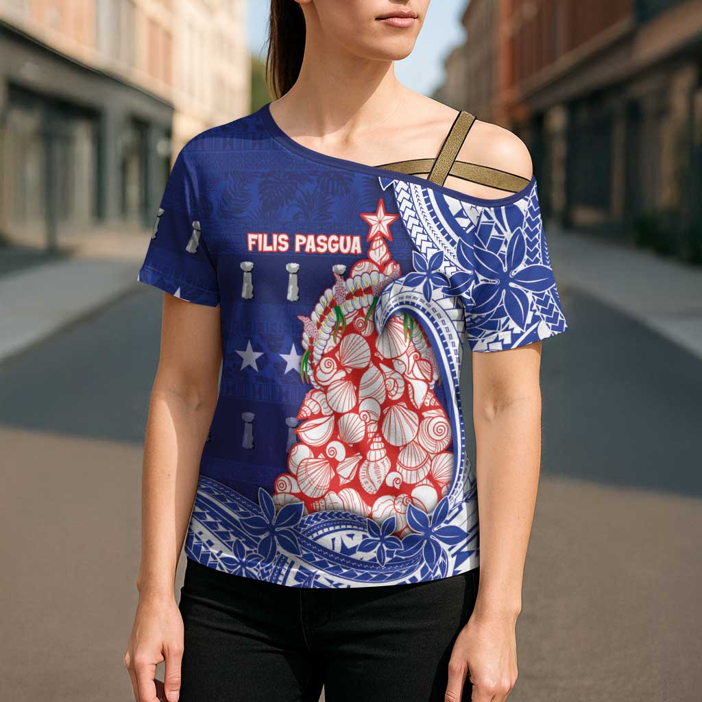 Northern Mariana Islands Christmas Cross Shoulder Shirt Seashell Xmas Tree Tribal Waves - Polynesian Pride