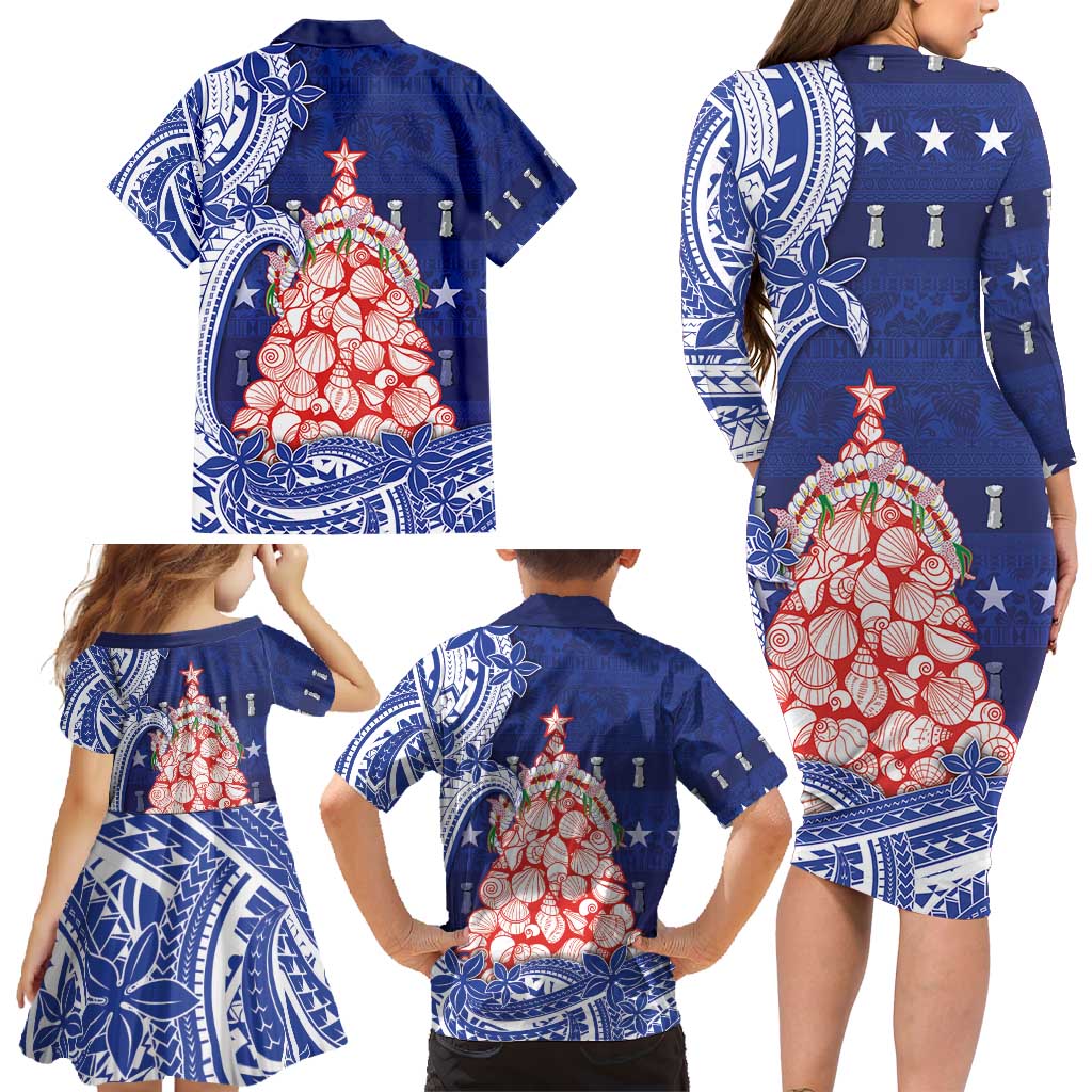 Northern Mariana Islands Christmas Family Matching Long Sleeve Bodycon Dress and Hawaiian Shirt Seashell Xmas Tree Tribal Waves - Polynesian Pride