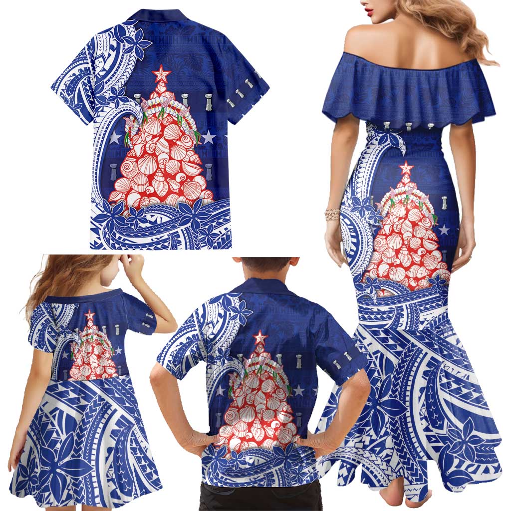 Northern Mariana Islands Christmas Family Matching Mermaid Dress and Hawaiian Shirt Seashell Xmas Tree Tribal Waves - Polynesian Pride