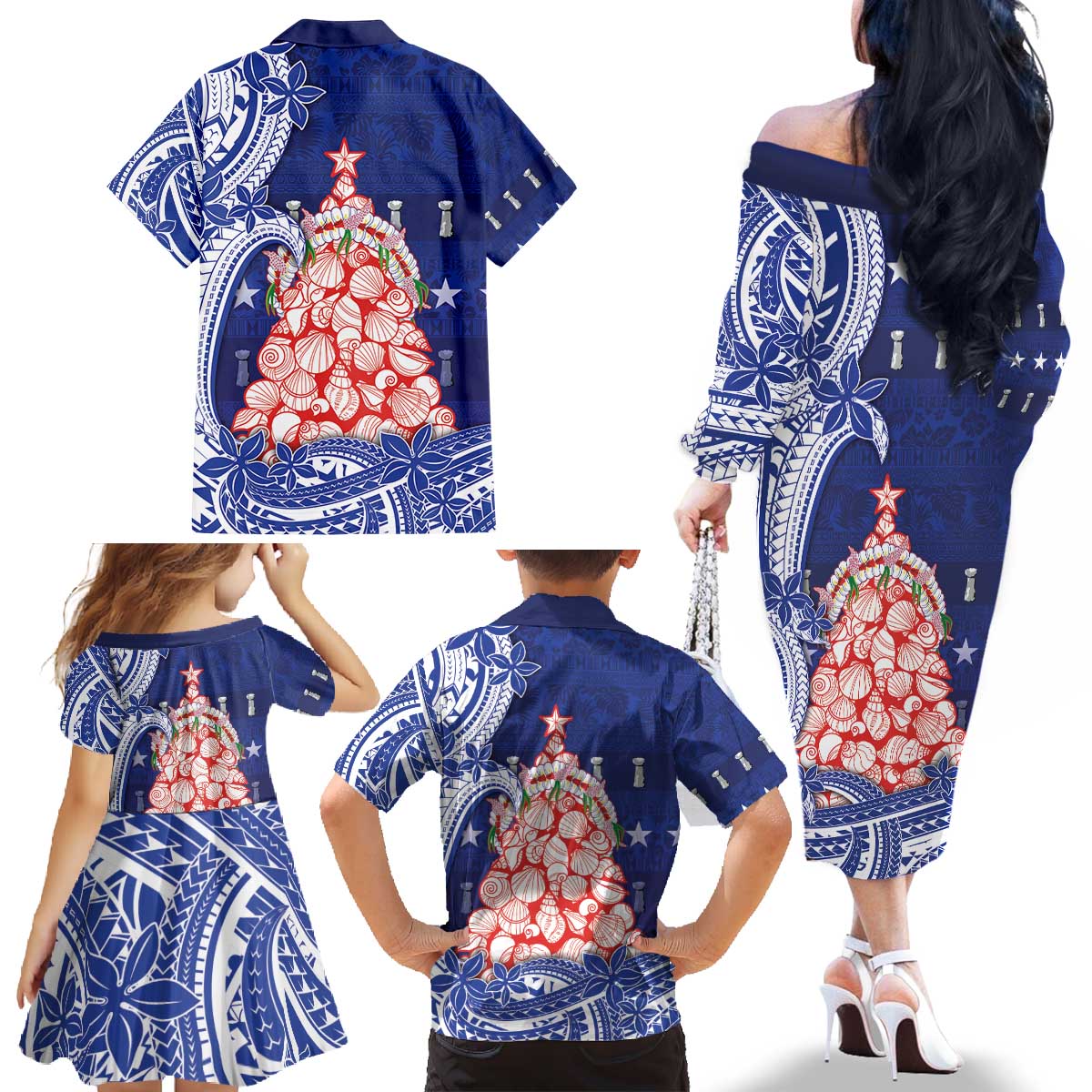 Northern Mariana Islands Christmas Family Matching Off The Shoulder Long Sleeve Dress and Hawaiian Shirt Seashell Xmas Tree Tribal Waves - Polynesian Pride
