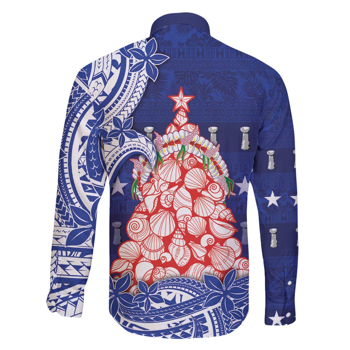 Northern Mariana Islands Christmas Family Matching Off The Shoulder Long Sleeve Dress and Hawaiian Shirt Seashell Xmas Tree Tribal Waves - Polynesian Pride