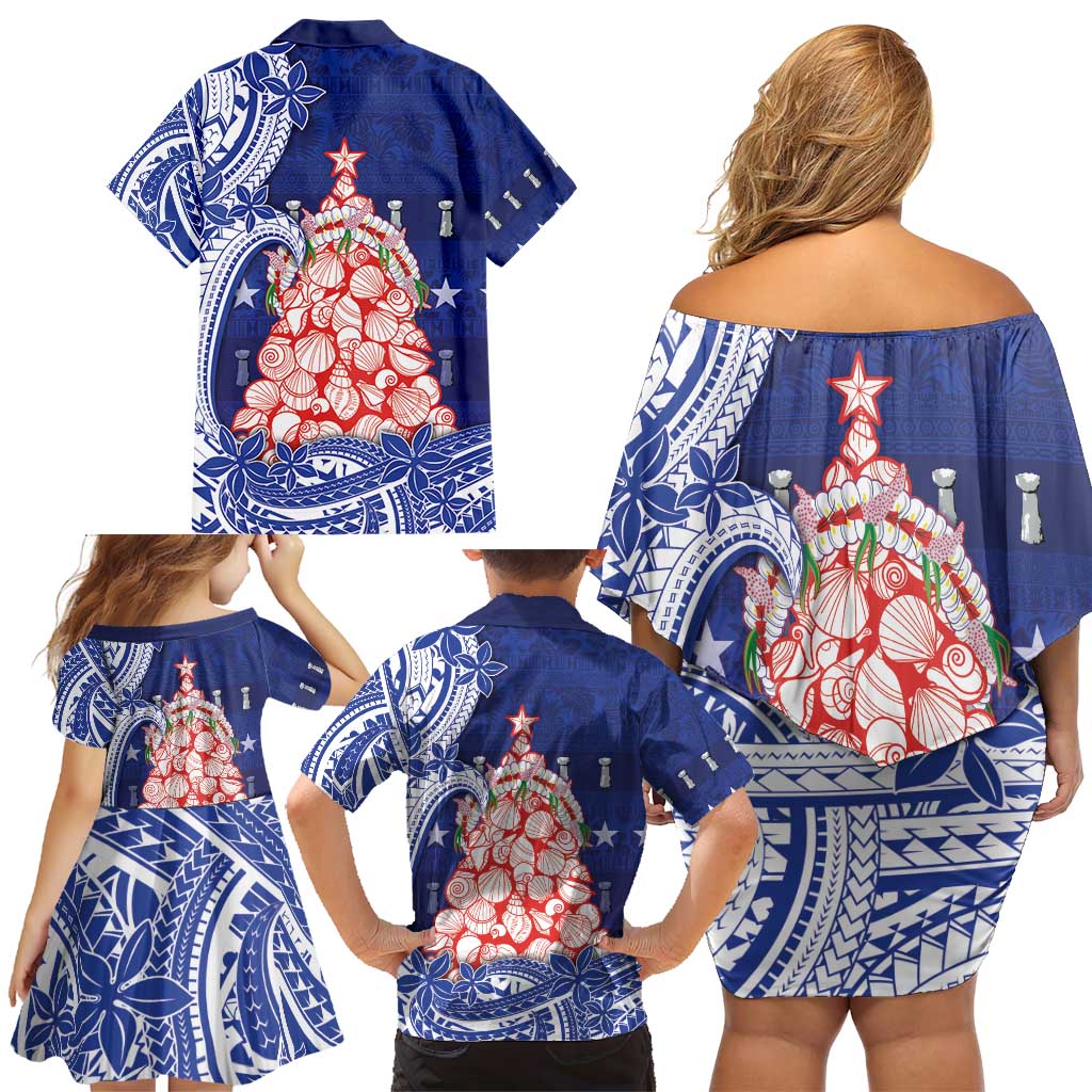 Northern Mariana Islands Christmas Family Matching Off Shoulder Short Dress and Hawaiian Shirt Seashell Xmas Tree Tribal Waves - Polynesian Pride