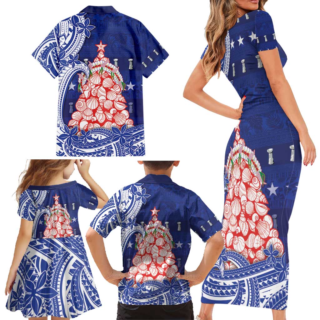 Northern Mariana Islands Christmas Family Matching Short Sleeve Bodycon Dress and Hawaiian Shirt Seashell Xmas Tree Tribal Waves - Polynesian Pride