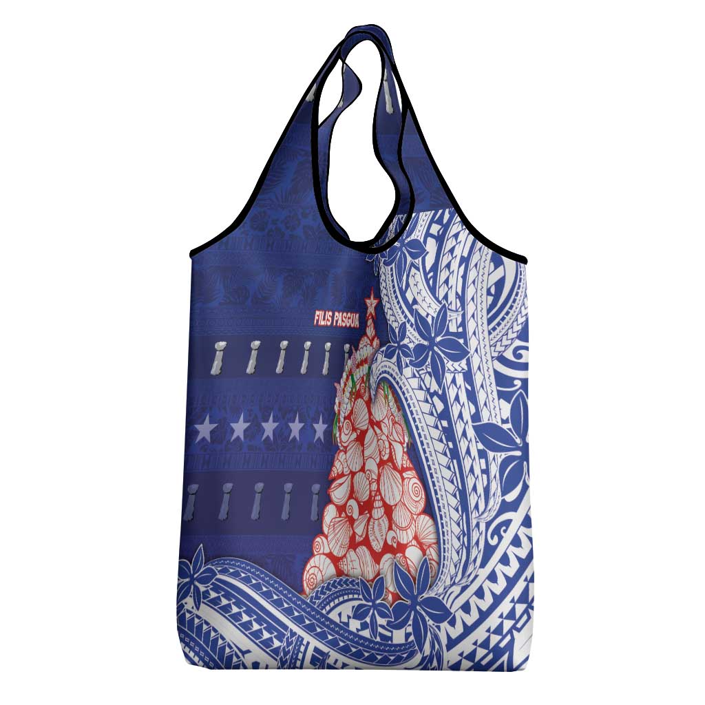 Northern Mariana Islands Christmas Grocery Bag Seashell Xmas Tree Tribal Waves - Polynesian Pride