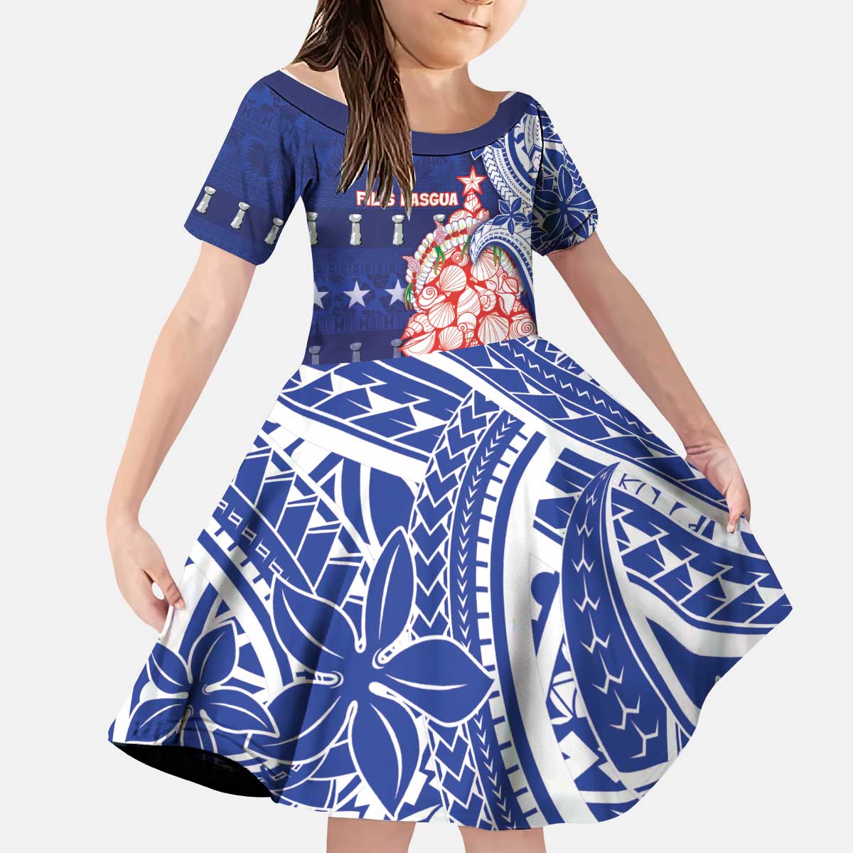 Northern Mariana Islands Christmas Kid Short Sleeve Dress Seashell Xmas Tree Tribal Waves - Polynesian Pride