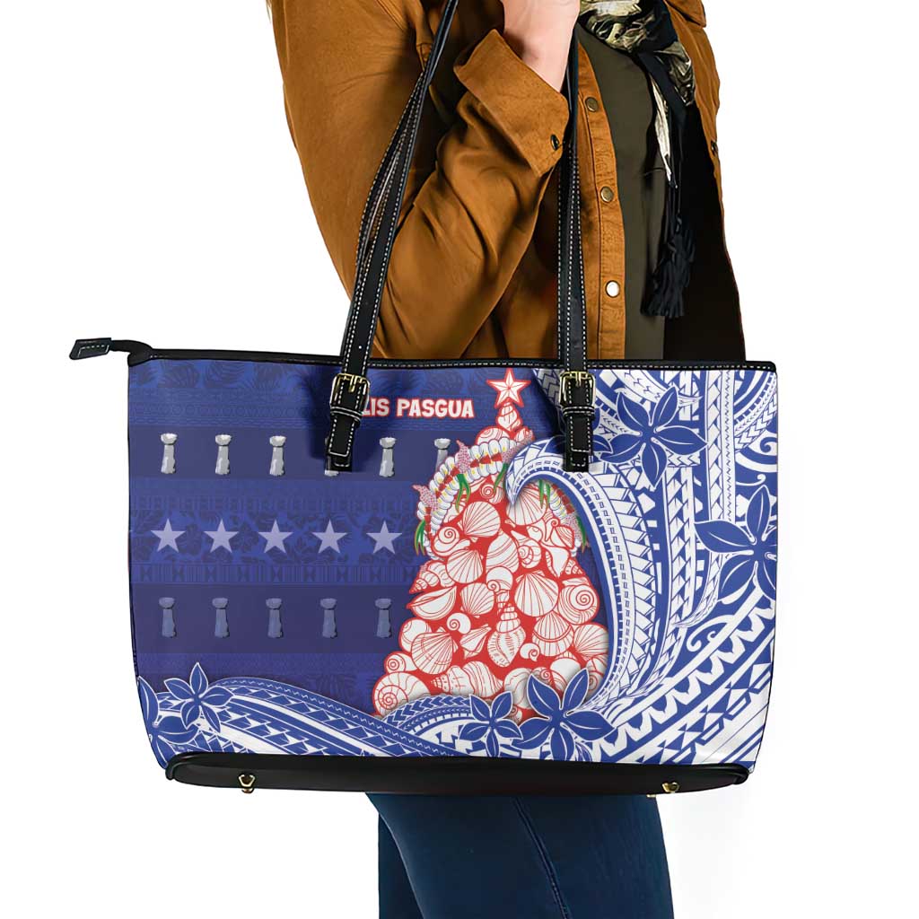 Northern Mariana Islands Christmas Leather Tote Bag Seashell Xmas Tree Tribal Waves - Polynesian Pride