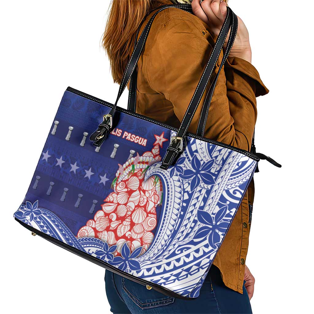 Northern Mariana Islands Christmas Leather Tote Bag Seashell Xmas Tree Tribal Waves - Polynesian Pride