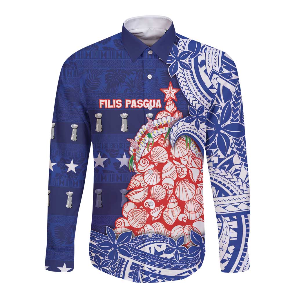 Northern Mariana Islands Christmas Long Sleeve Button Shirt Seashell Xmas Tree Tribal Waves - Polynesian Pride