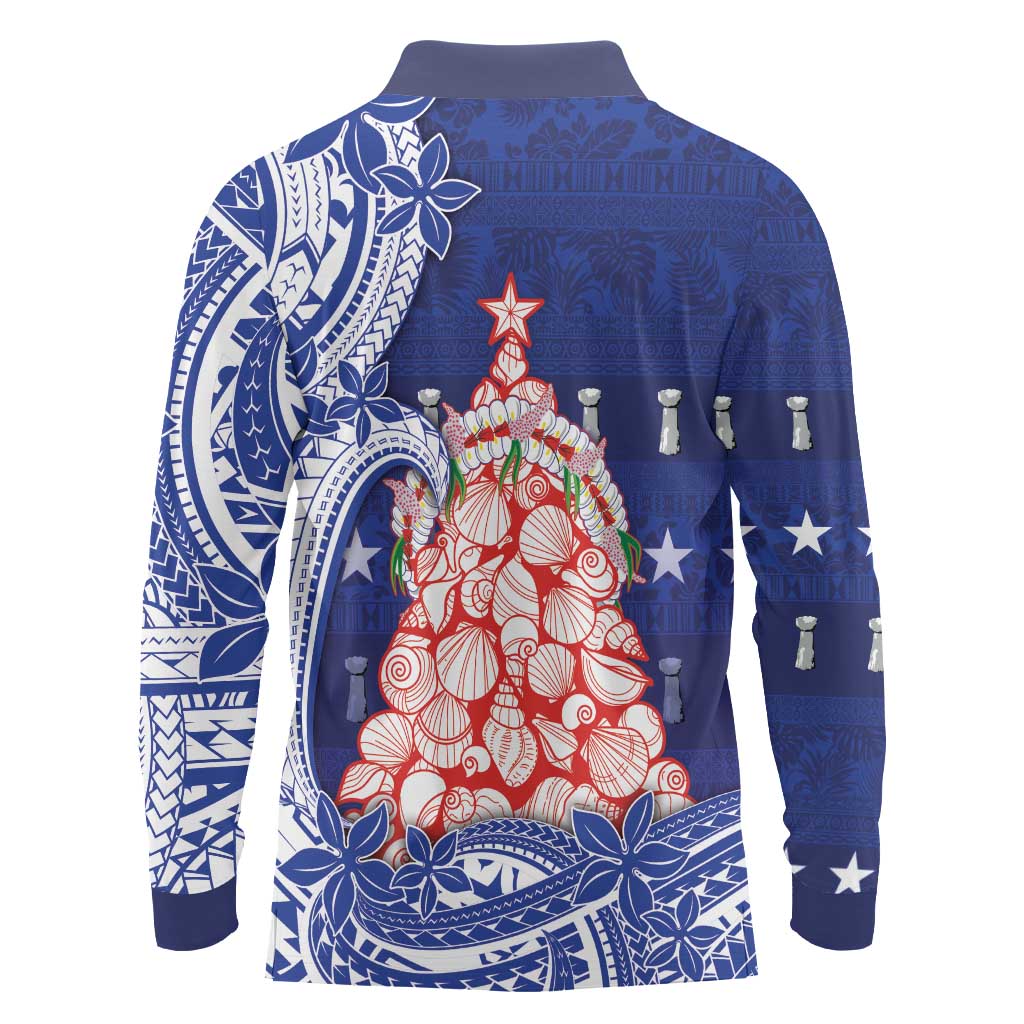 Northern Mariana Islands Christmas Long Sleeve Polo Shirt Seashell Xmas Tree Tribal Waves - Polynesian Pride