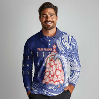 Northern Mariana Islands Christmas Long Sleeve Polo Shirt Seashell Xmas Tree Tribal Waves - Polynesian Pride
