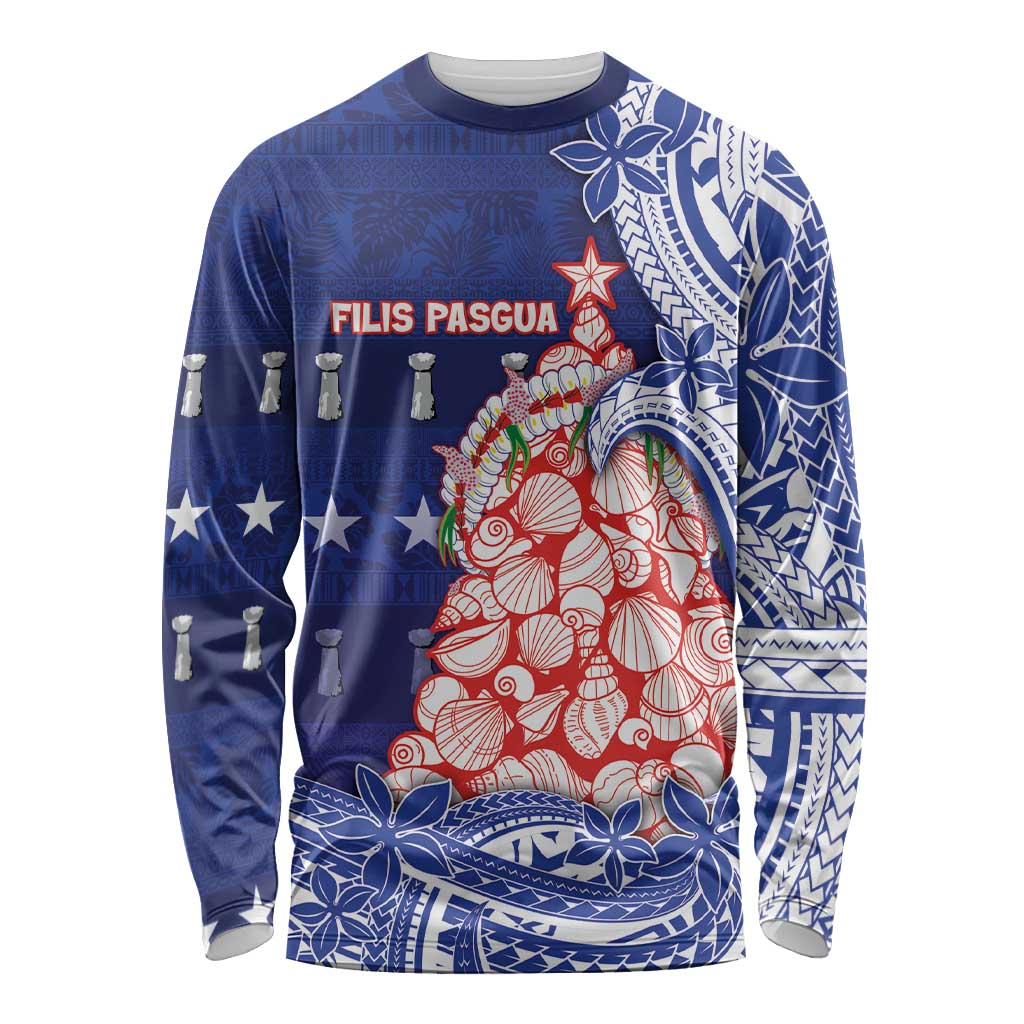 Northern Mariana Islands Christmas Long Sleeve Shirt Seashell Xmas Tree Tribal Waves - Polynesian Pride