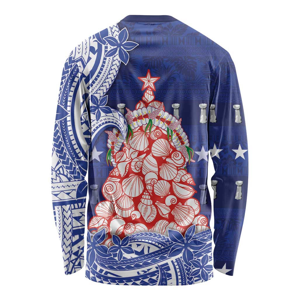 Northern Mariana Islands Christmas Long Sleeve Shirt Seashell Xmas Tree Tribal Waves - Polynesian Pride