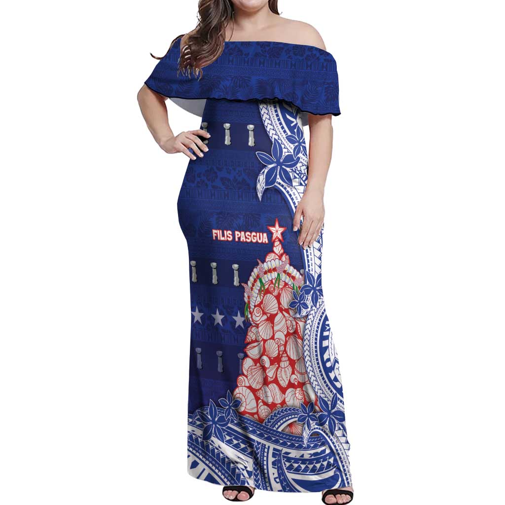 Northern Mariana Islands Christmas Off Shoulder Maxi Dress Seashell Xmas Tree Tribal Waves - Polynesian Pride