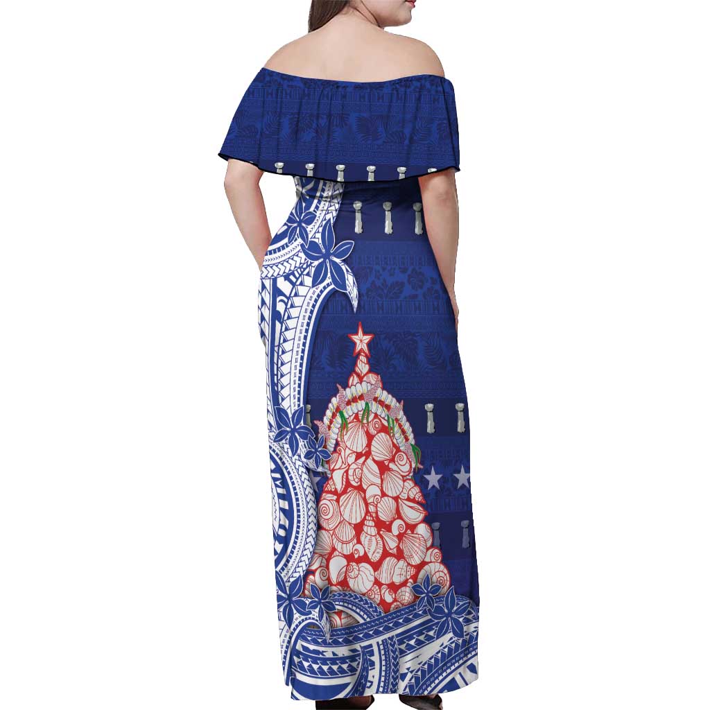 Northern Mariana Islands Christmas Off Shoulder Maxi Dress Seashell Xmas Tree Tribal Waves