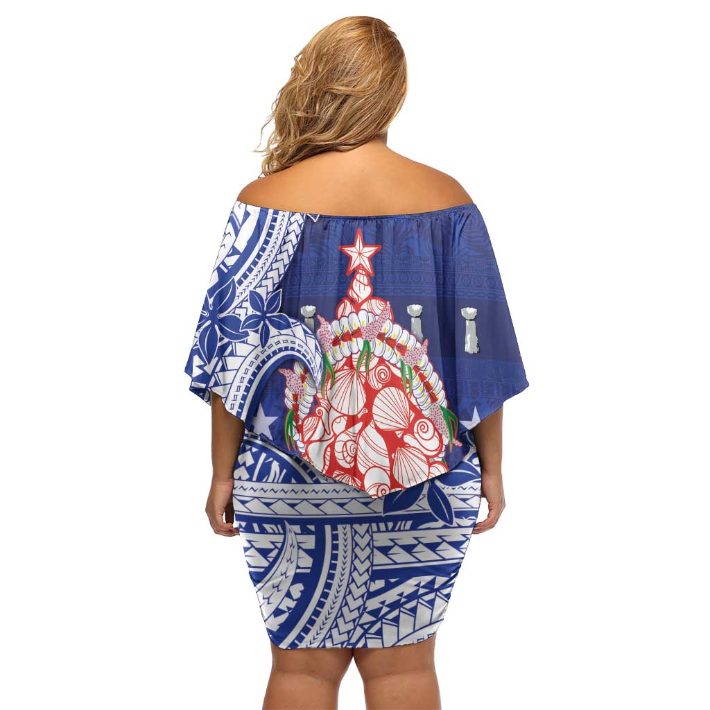 Northern Mariana Islands Christmas Off Shoulder Short Dress Seashell Xmas Tree Tribal Waves - Polynesian Pride