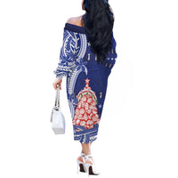 Northern Mariana Islands Christmas Off The Shoulder Long Sleeve Dress Seashell Xmas Tree Tribal Waves - Polynesian Pride