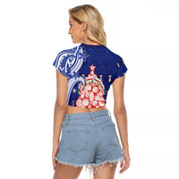 Northern Mariana Islands Christmas Raglan Cropped T Shirt Seashell Xmas Tree Tribal Waves - Polynesian Pride
