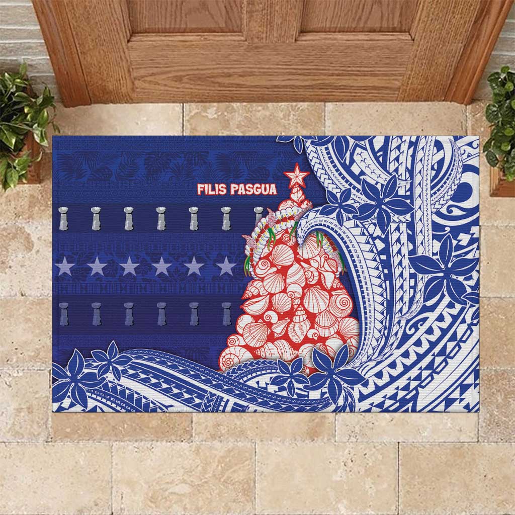 Northern Mariana Islands Christmas Rubber Doormat Seashell Xmas Tree Tribal Waves - Polynesian Pride