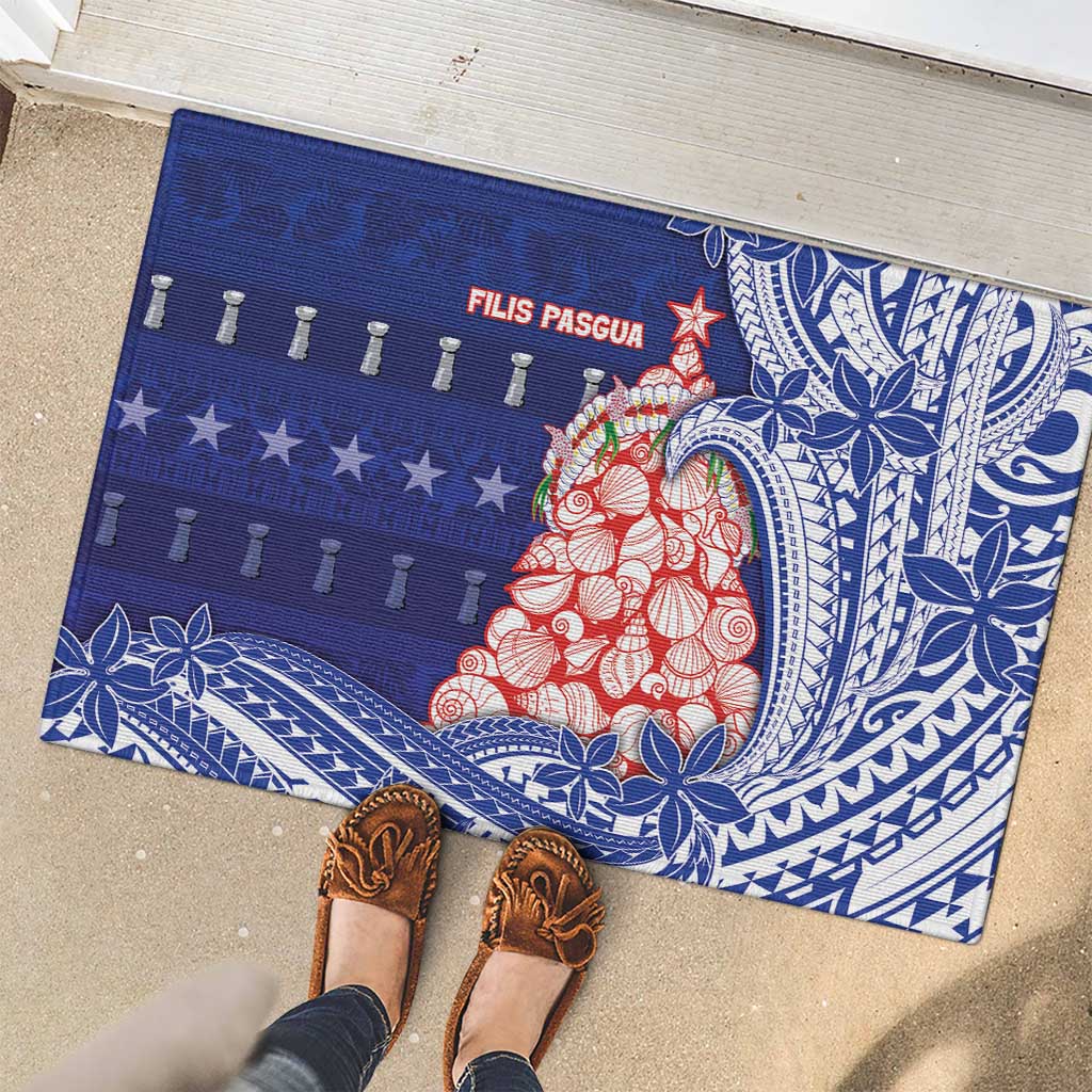 Northern Mariana Islands Christmas Rubber Doormat Seashell Xmas Tree Tribal Waves - Polynesian Pride