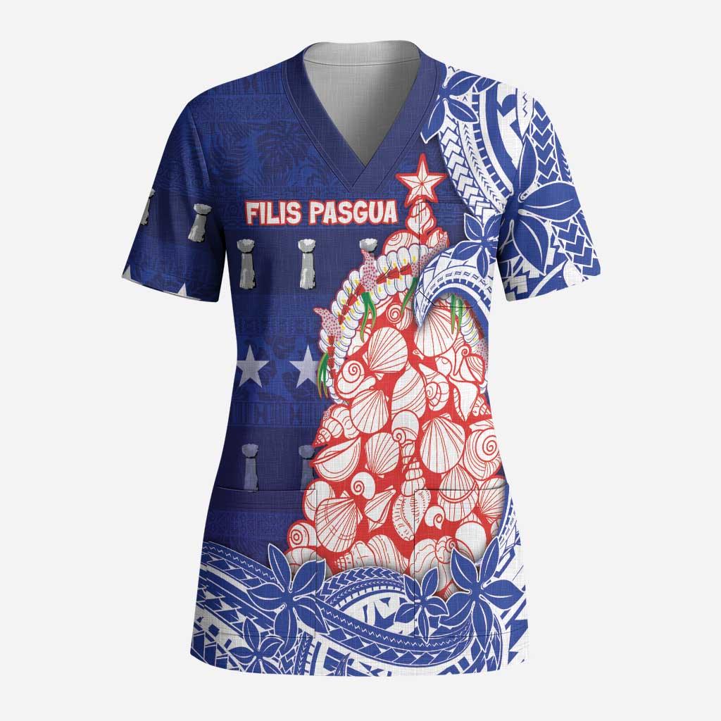 Northern Mariana Islands Christmas Scrub Top Seashell Xmas Tree Tribal Waves - Polynesian Pride