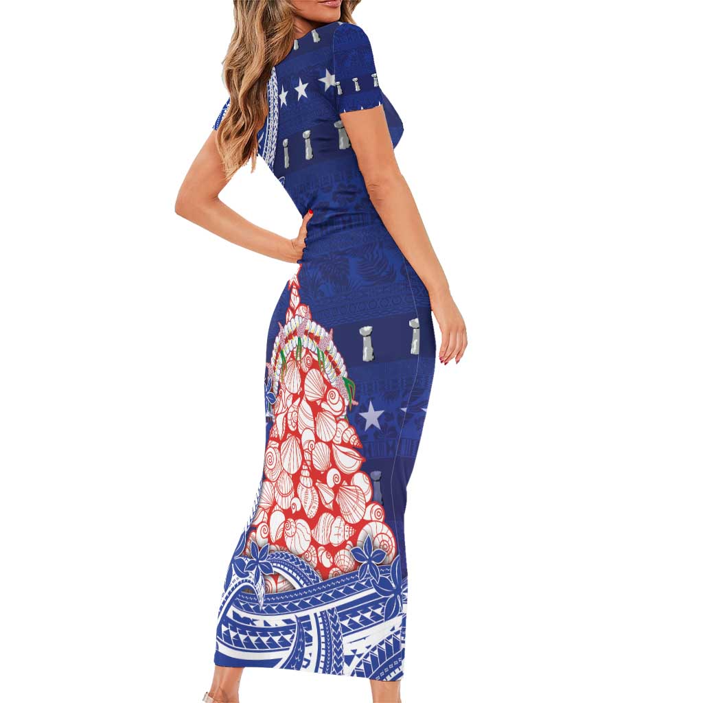 Northern Mariana Islands Christmas Short Sleeve Bodycon Dress Seashell Xmas Tree Tribal Waves - Polynesian Pride