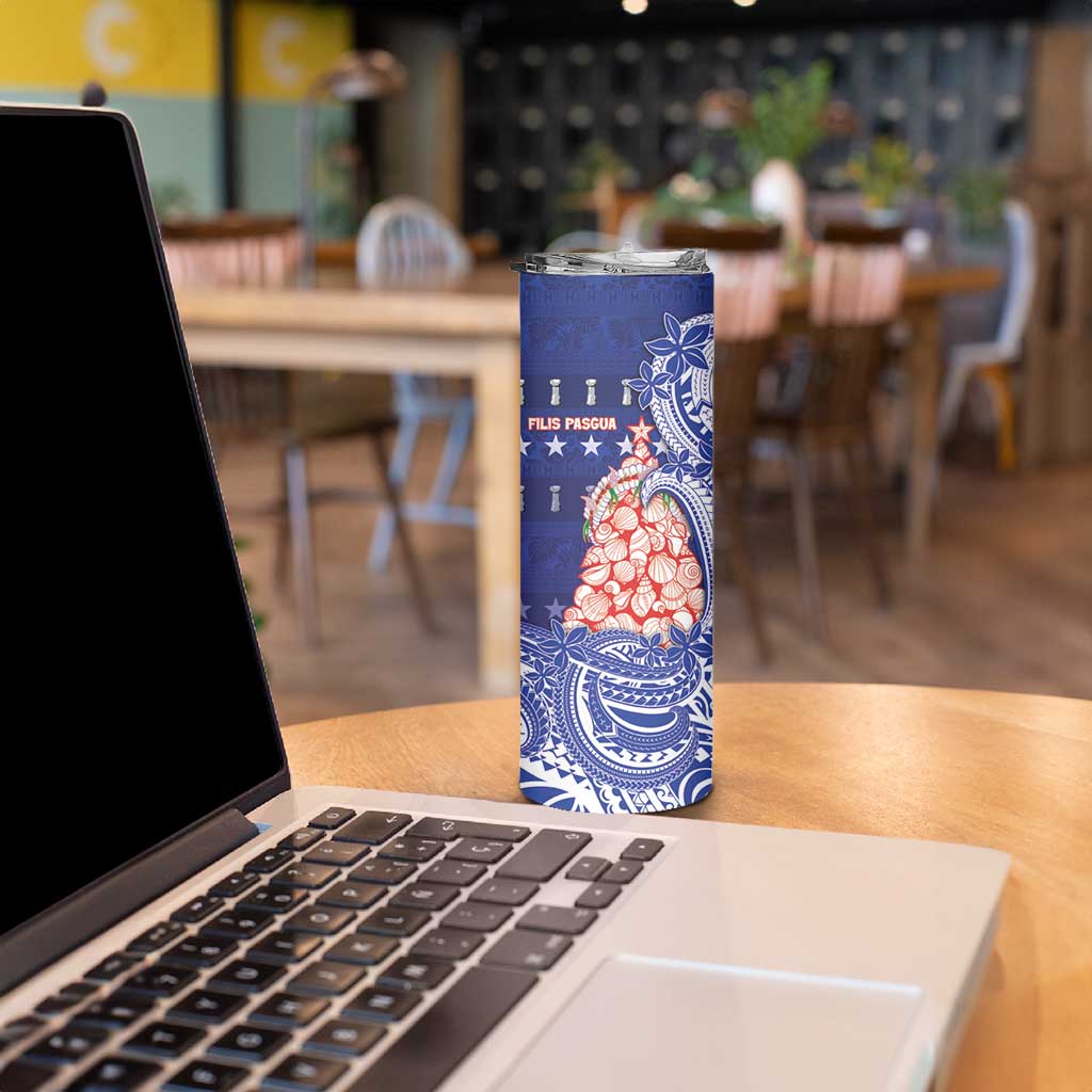 Northern Mariana Islands Christmas Skinny Tumbler Seashell Xmas Tree Tribal Waves - Polynesian Pride