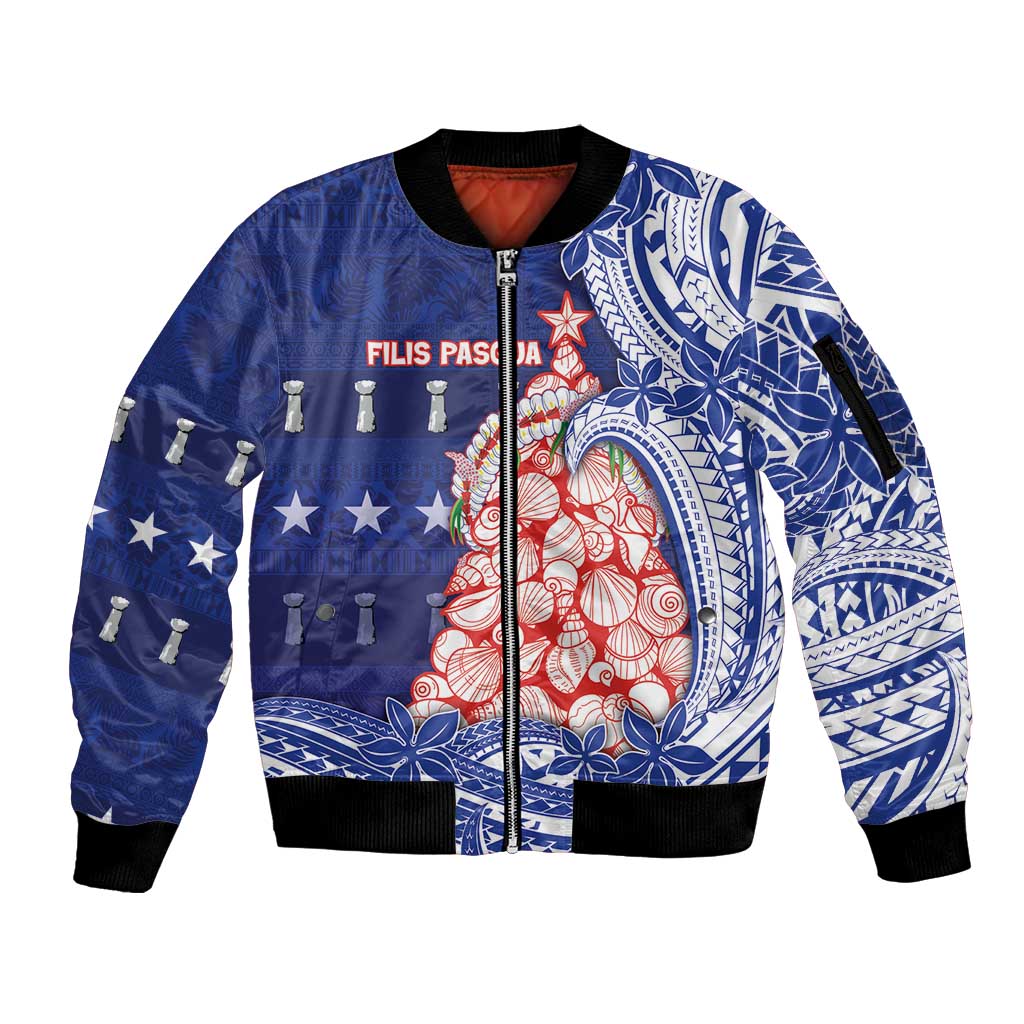 Northern Mariana Islands Christmas Sleeve Zip Bomber Jacket Seashell Xmas Tree Tribal Waves - Polynesian Pride