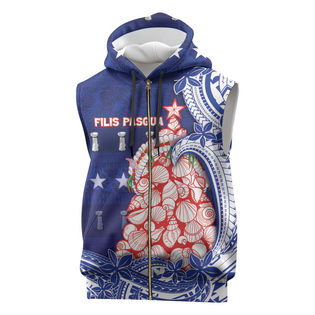 Northern Mariana Islands Christmas Sleeveless Zip Hoodie Seashell Xmas Tree Tribal Waves - Polynesian Pride