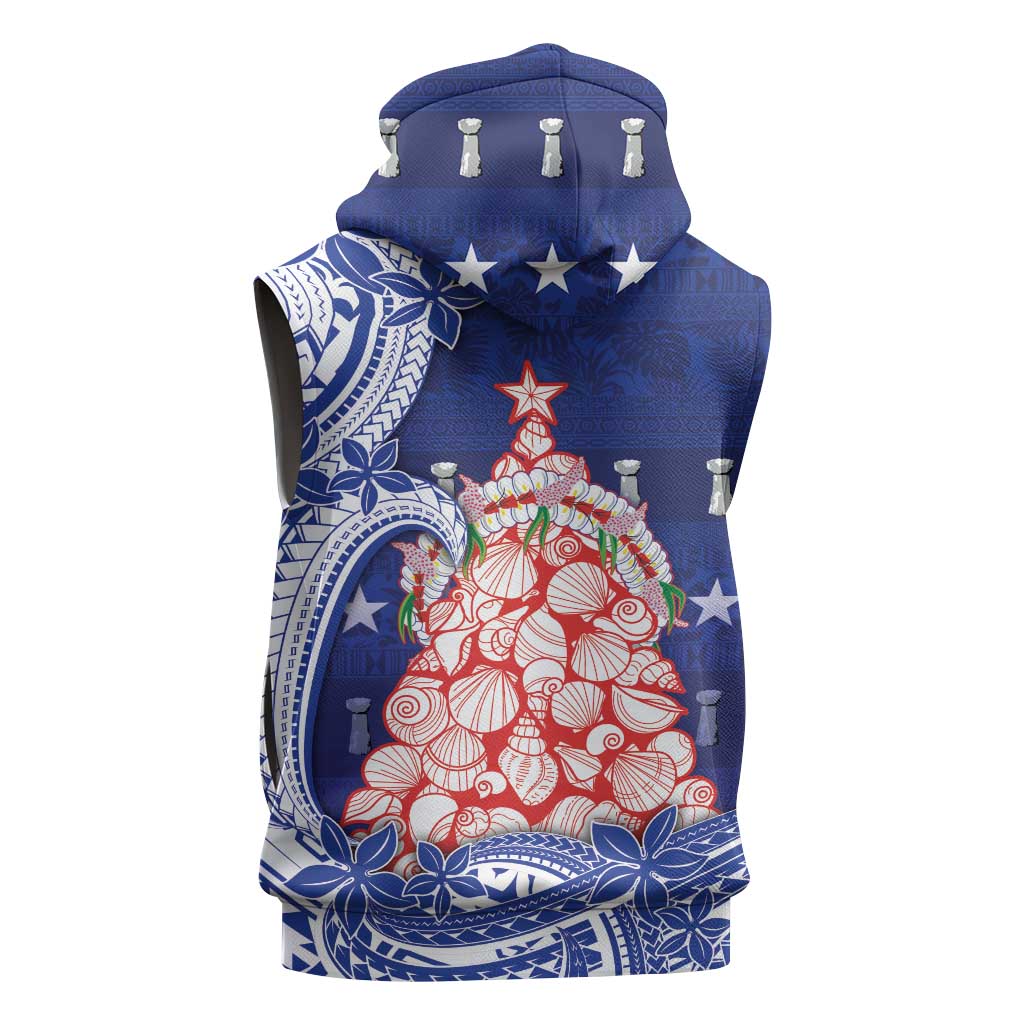 Northern Mariana Islands Christmas Sleeveless Zip Hoodie Seashell Xmas Tree Tribal Waves - Polynesian Pride