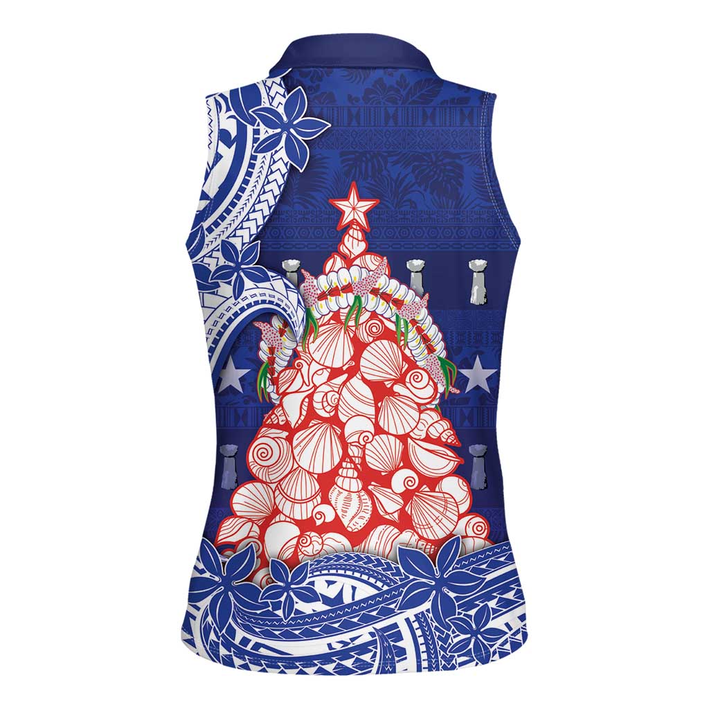Northern Mariana Islands Christmas Women Sleeveless Polo Shirt Seashell Xmas Tree Tribal Waves - Polynesian Pride