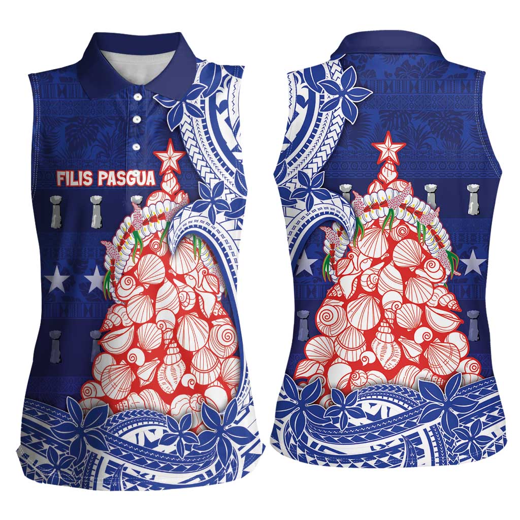 Northern Mariana Islands Christmas Women Sleeveless Polo Shirt Seashell Xmas Tree Tribal Waves - Polynesian Pride